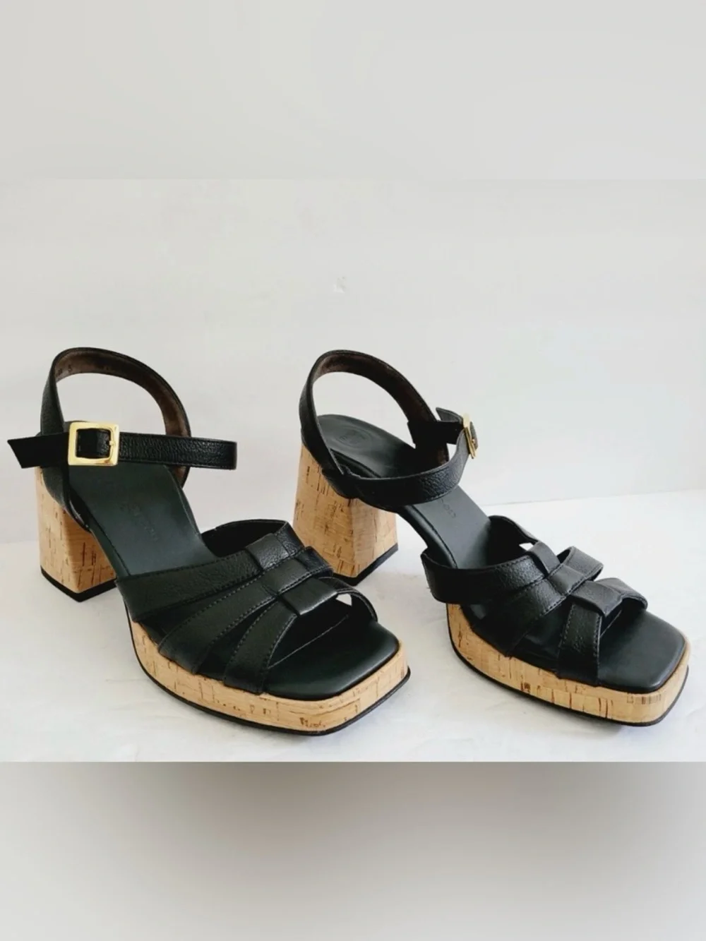 PAUL GREEN Black Leather Cork-Platform Strappy Sandals  comfor insole 7